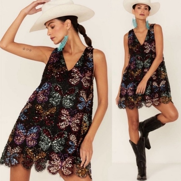 Free People Fly Me Away Mini Dress in Black Combo Butterfly Sequins RARE FIND S - Picture 2 of 10